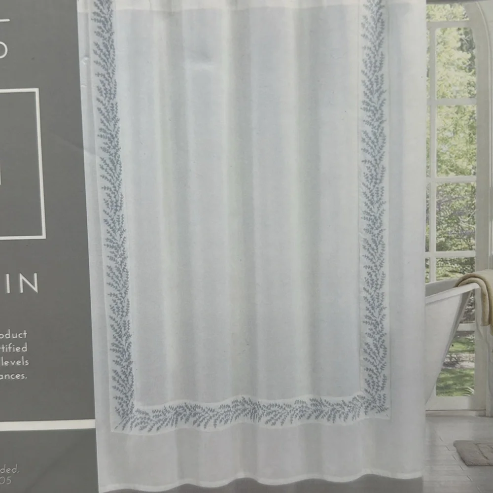 New Shower Curtain Embroidered Floral Border Cotton The Texture Collection White